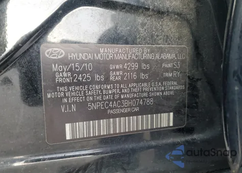 2011 Hyundai Sonata Se from USA, damaged, VIN 5NPEC4AC3BH074788